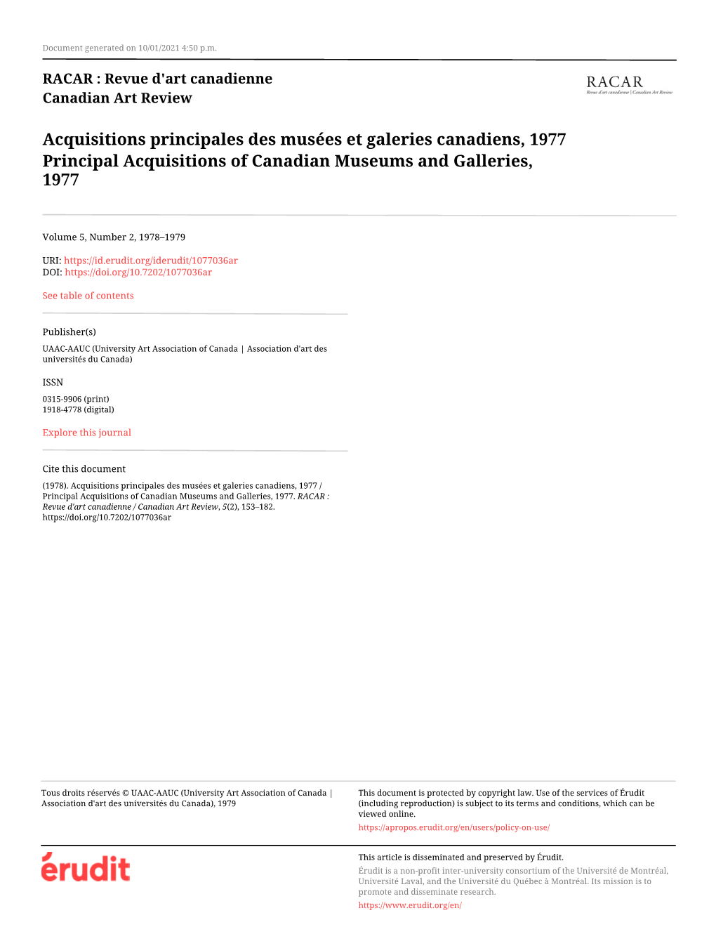 Acquisitions Principales Des Musées Et Galeries Canadiens, 1977 Principal Acquisitions of Canadian Museums and Galleries, 1977