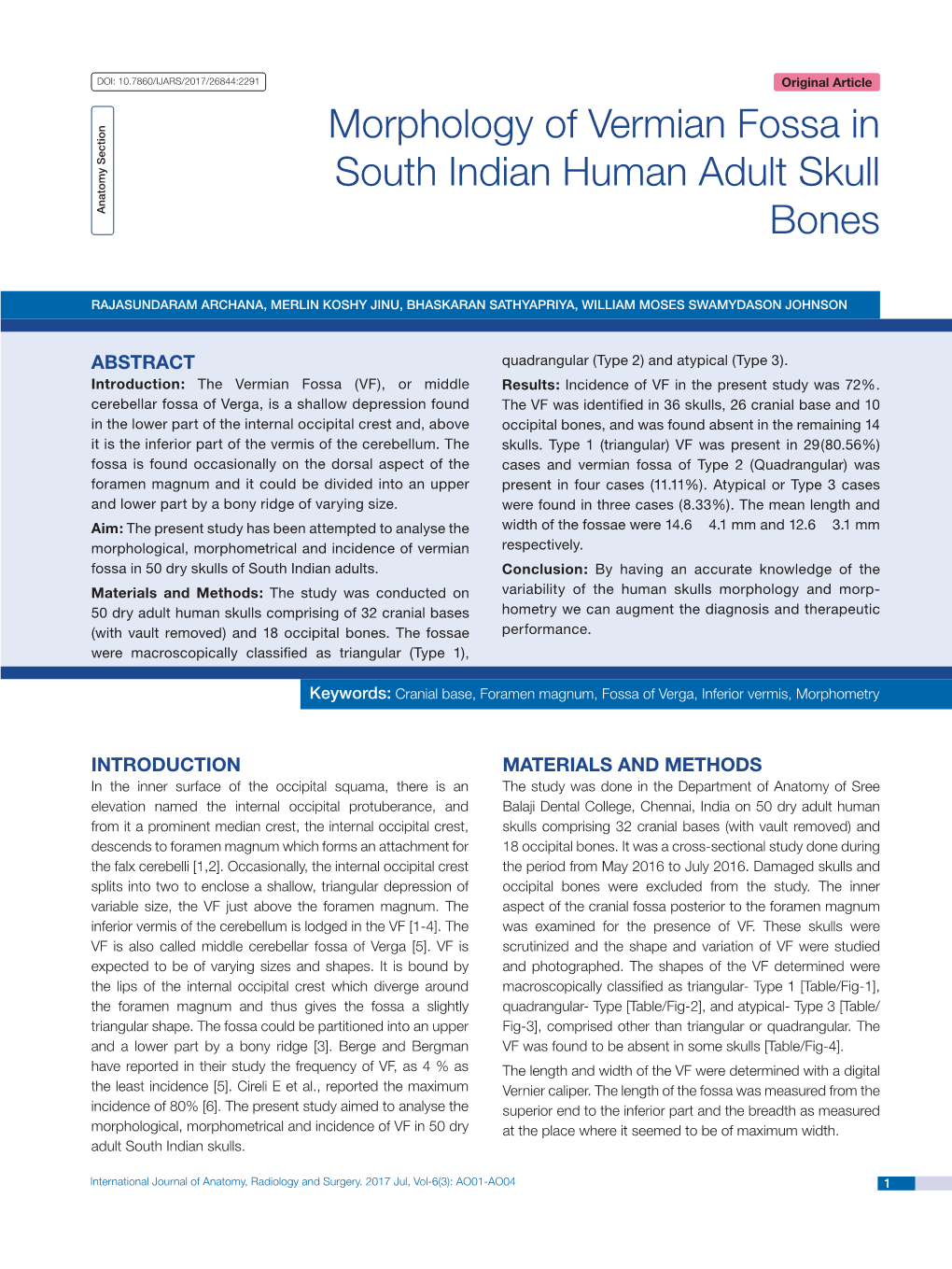 Morphology of Vermian Fossa in South Indian Human Adult Skull Anatomy Section Bones