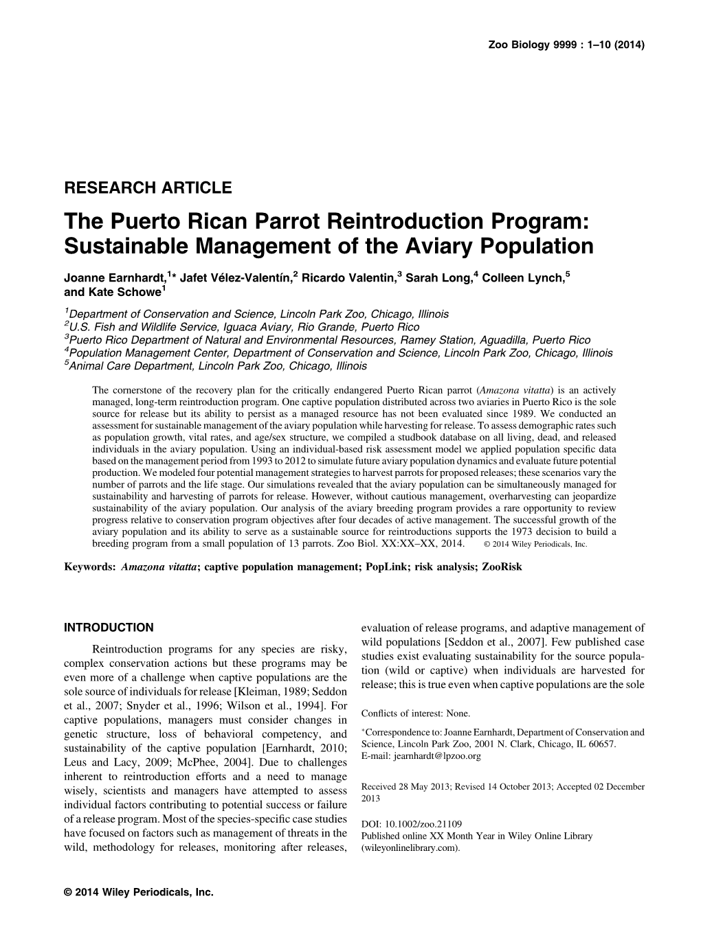 The Puerto Rican Parrot Reintroduction Program: Sustainable Management of the Aviary Population