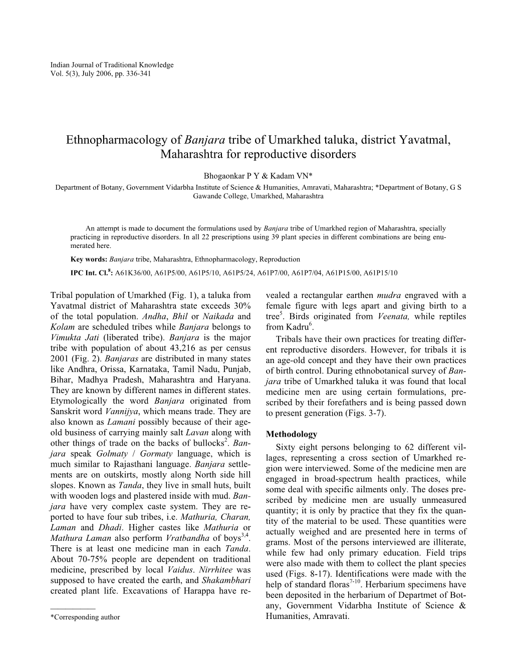 Ethnopharmacology of Banjara Tribe of Umarkhed Taluka, District Yavatmal, Maharashtra for Reproductive Disorders