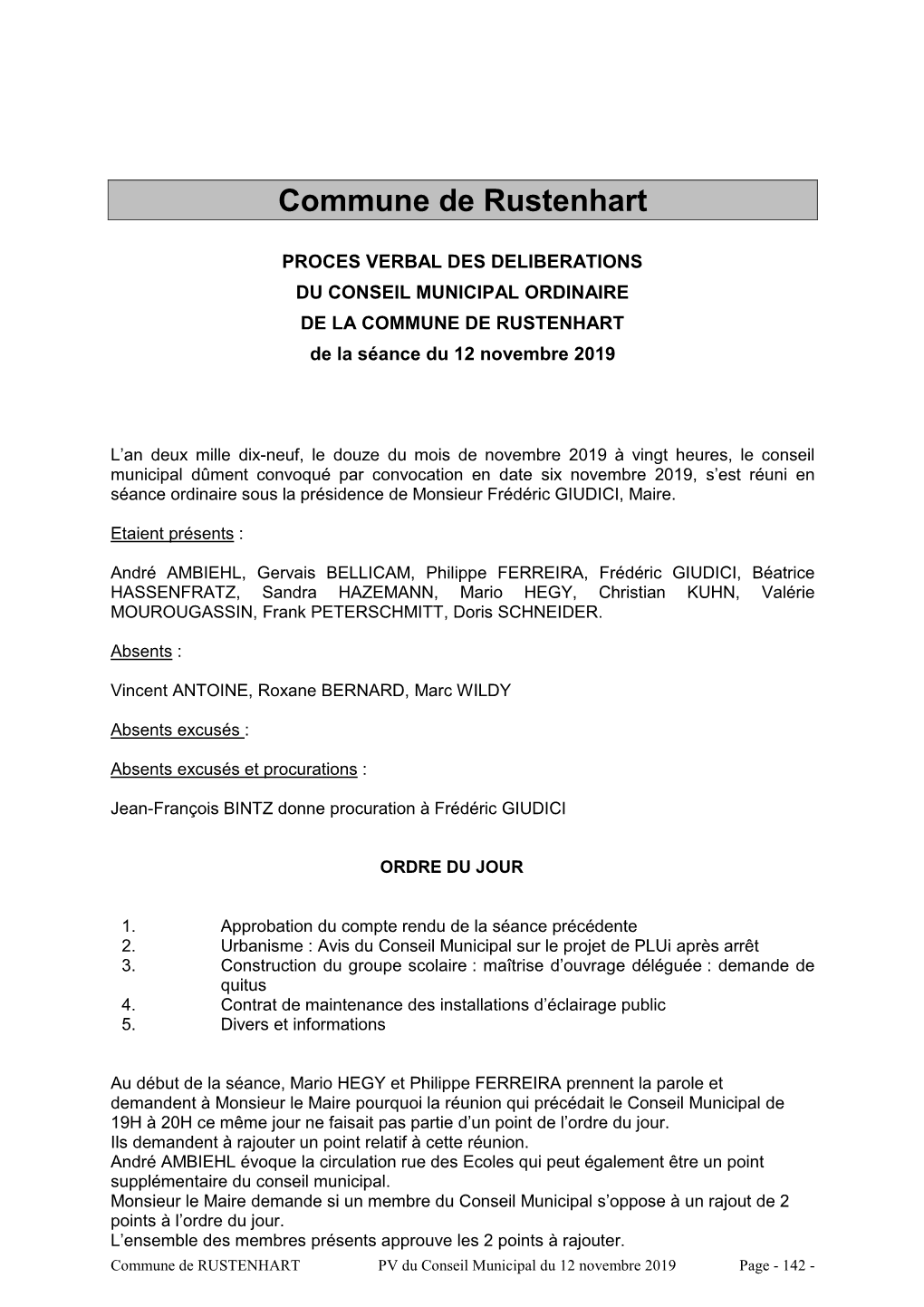 Conseil Municipal Du 12 Novembre 2019 Page - 142