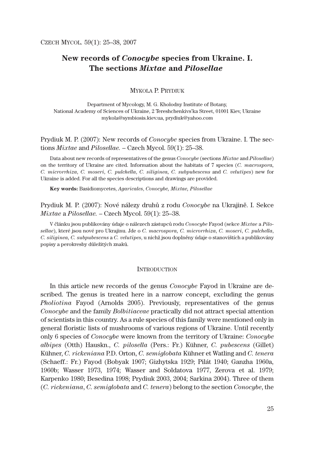 New Records of Conocybe Species from Ukraine. I. the Sections Mixtae and Pilosellae