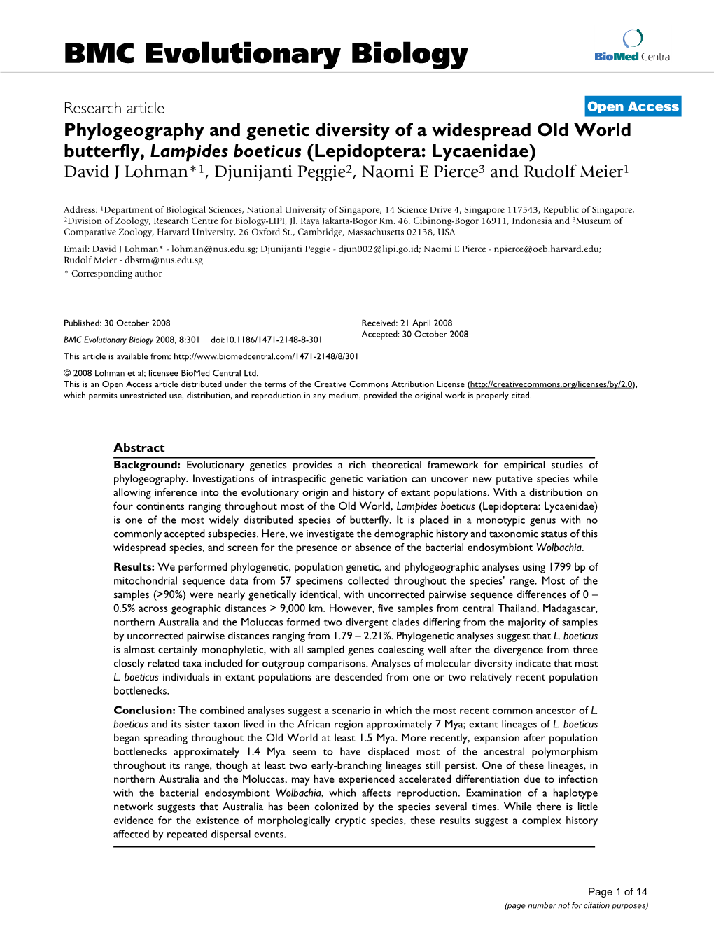 Phylogeography and Genetic Diversity of a Widespread Old World Butterfly, Lampides Boeticus (Lepidoptera: Lycaenidae)