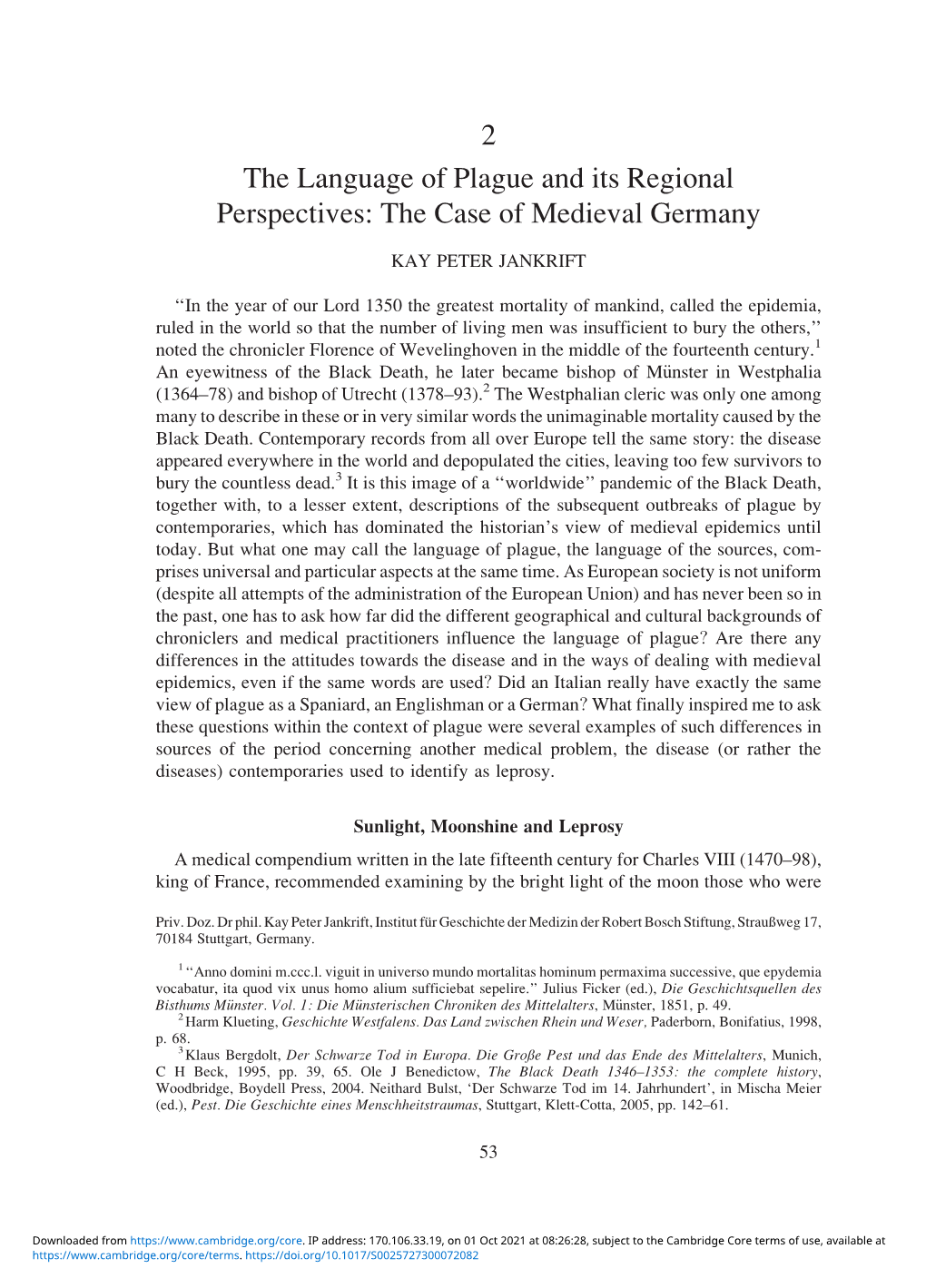 2 the Language of Plague and Its Regional Perspectives: the Case of Medieval Germany