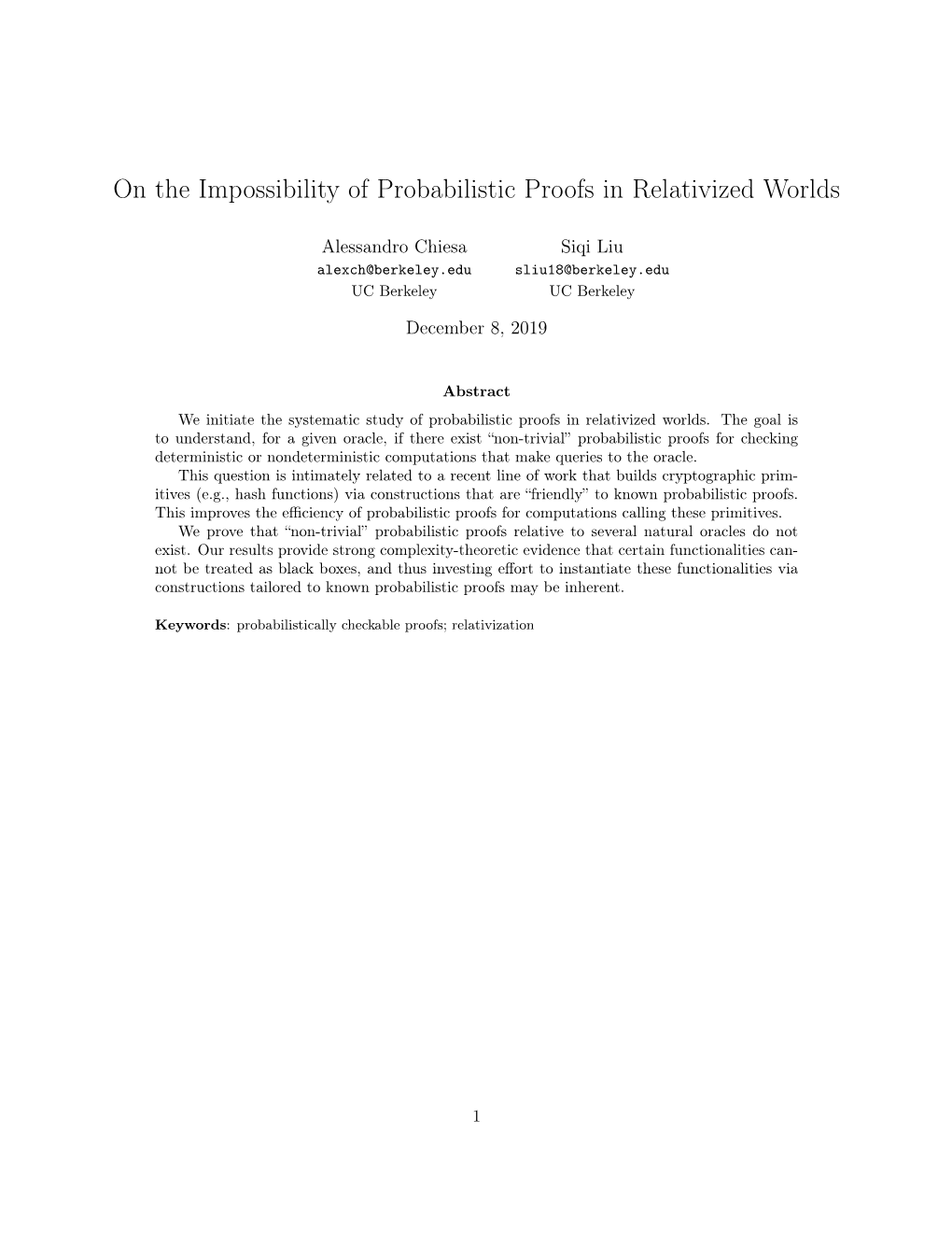 On the Impossibility of Probabilistic Proofs in Relativized Worlds
