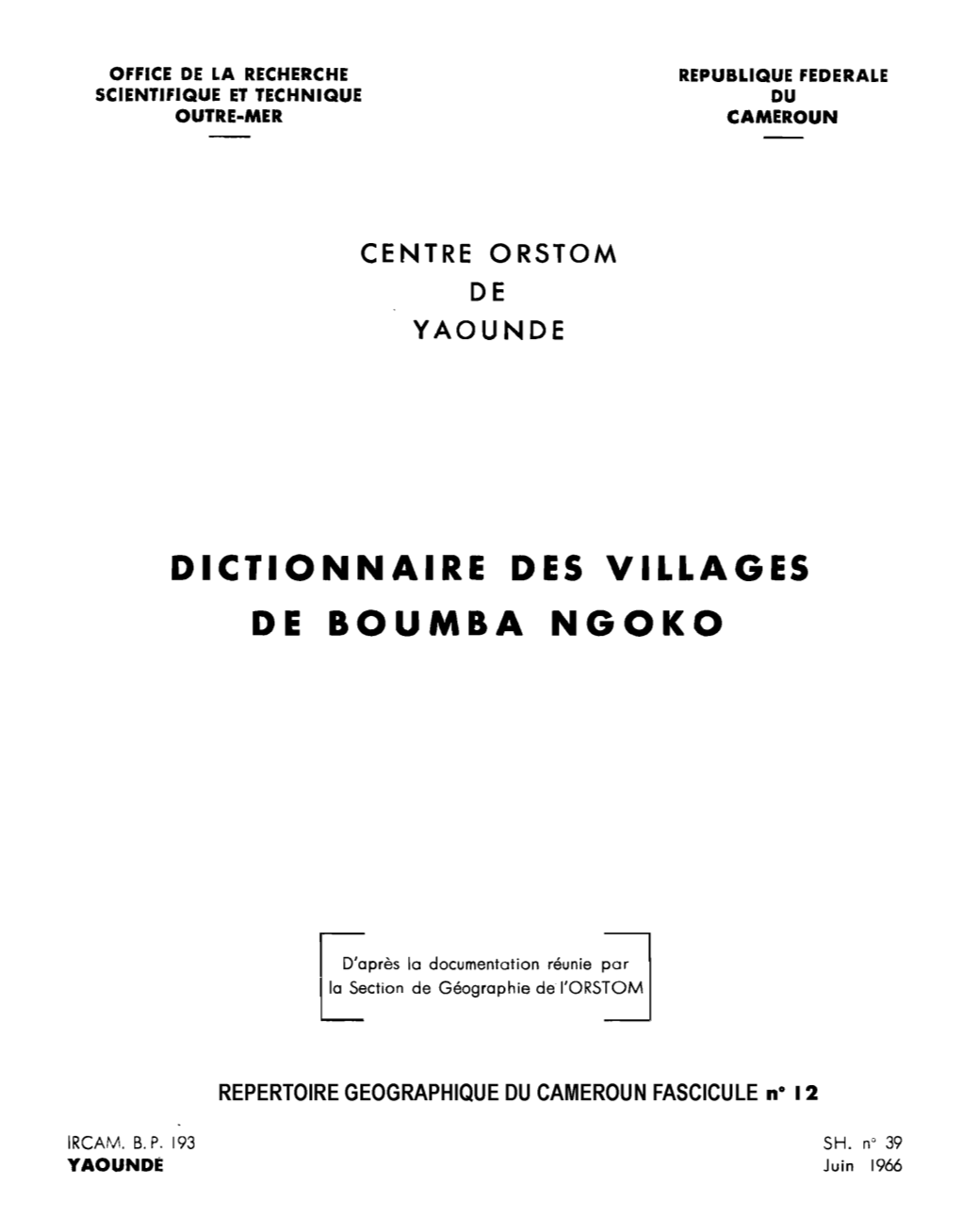 Dictionnaire Des Villages De Boumba Ngoko
