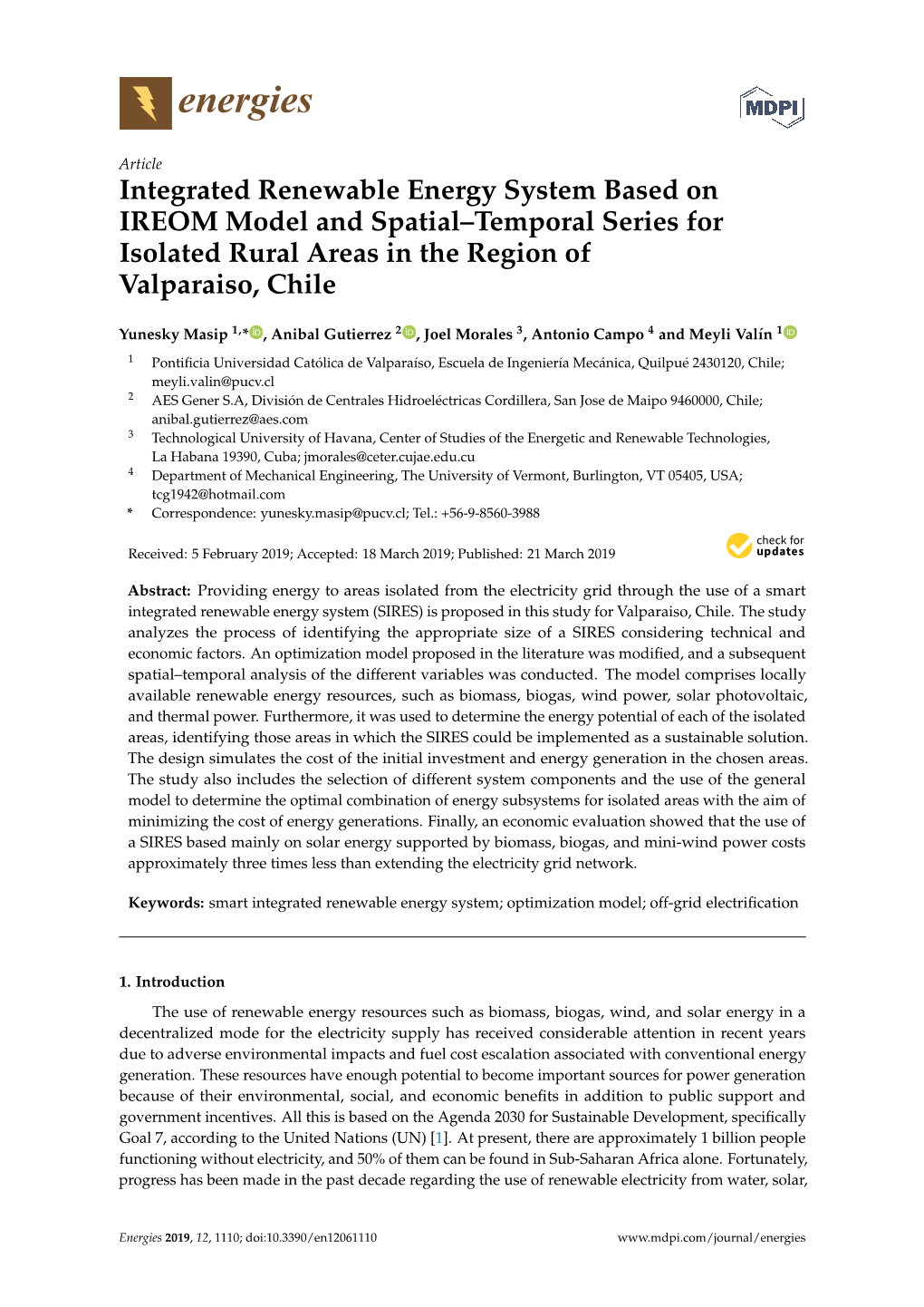 Integrated Renewable Energy System Based on IREOM Model and Spatial–Temporal Series for Isolated Rural Areas in the Region of Valparaiso, Chile