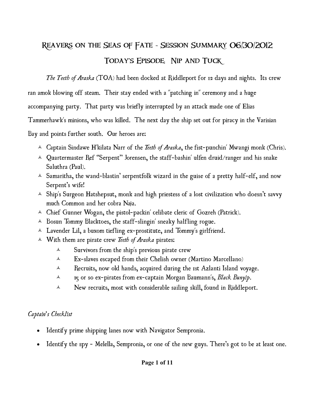 Reavers on the Seas of Fate Session Summary