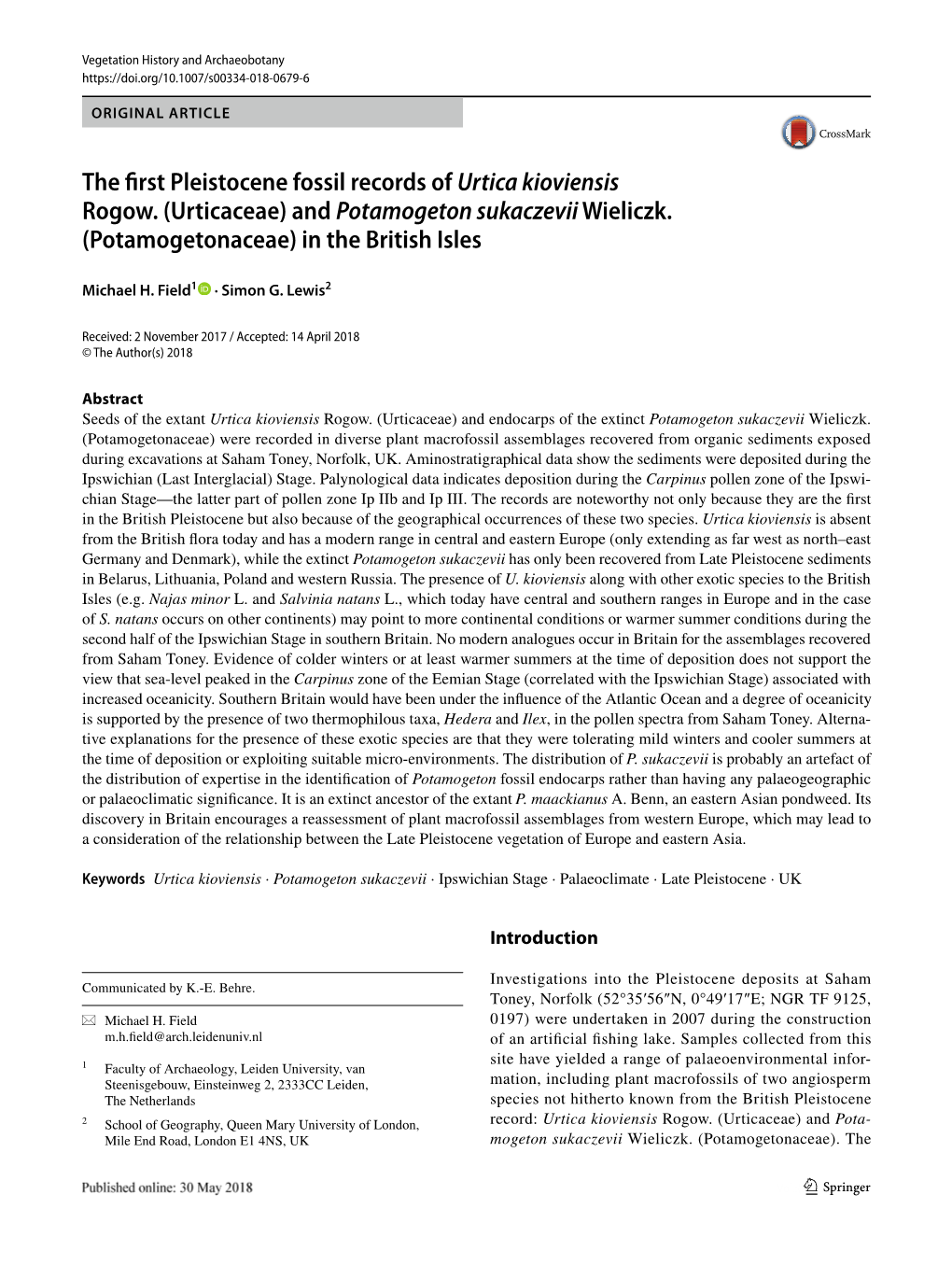 The First Pleistocene Fossil Records of Urtica Kioviensis Rogow. (Urticaceae) and Potamogeton Sukaczevii Wieliczk. (Potamogetonaceae) in the British Isles