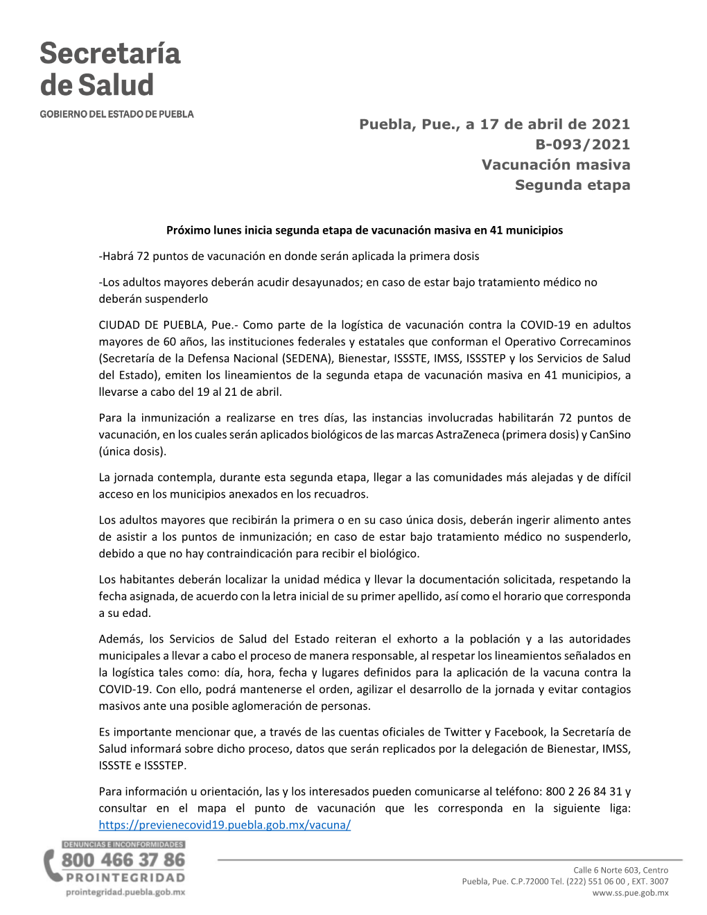 Puebla, Pue., a 17 De Abril De 2021 B-093/2021 Vacunación Masiva Segunda Etapa