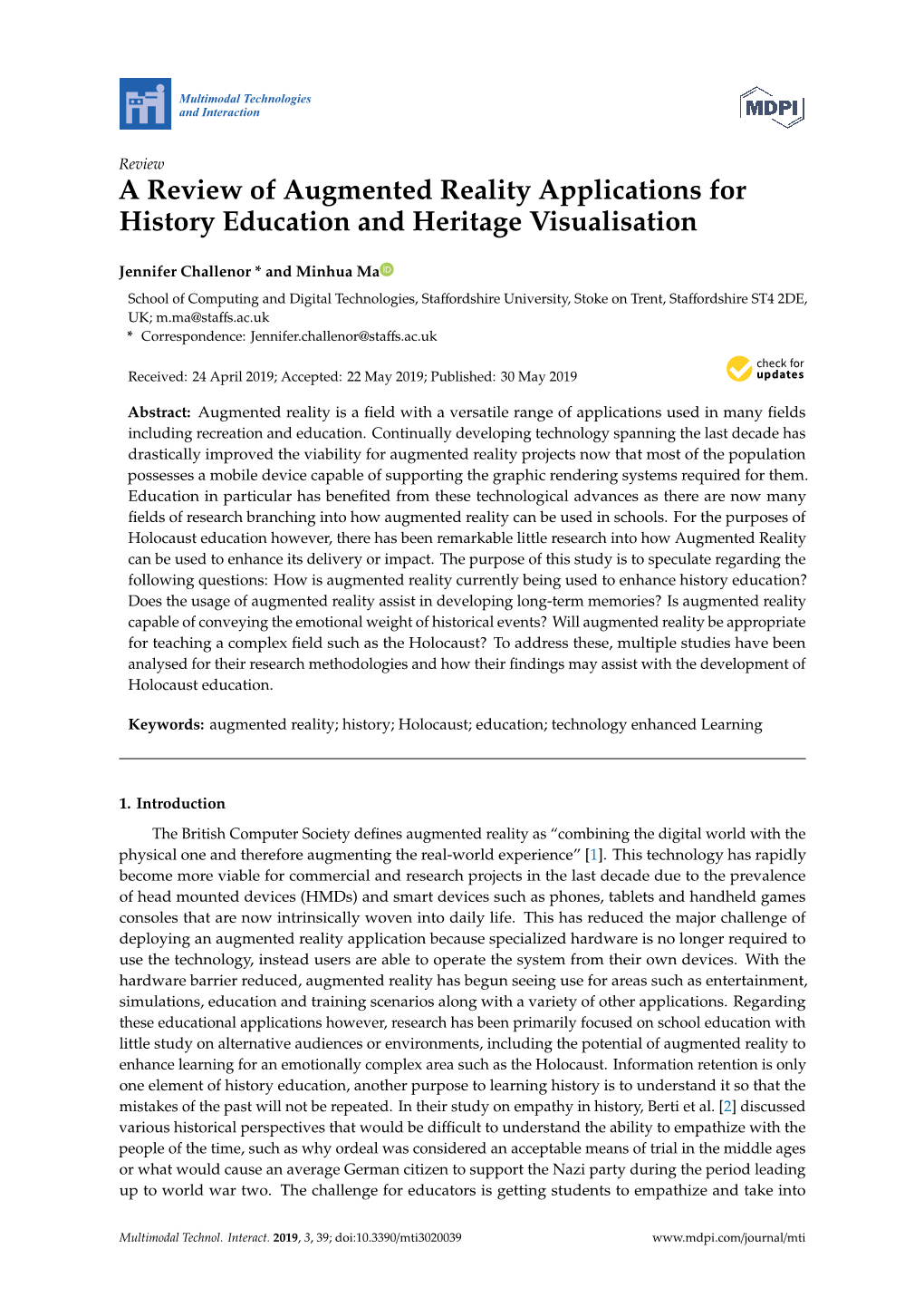 A Review of Augmented Reality Applications for History Education and Heritage Visualisation