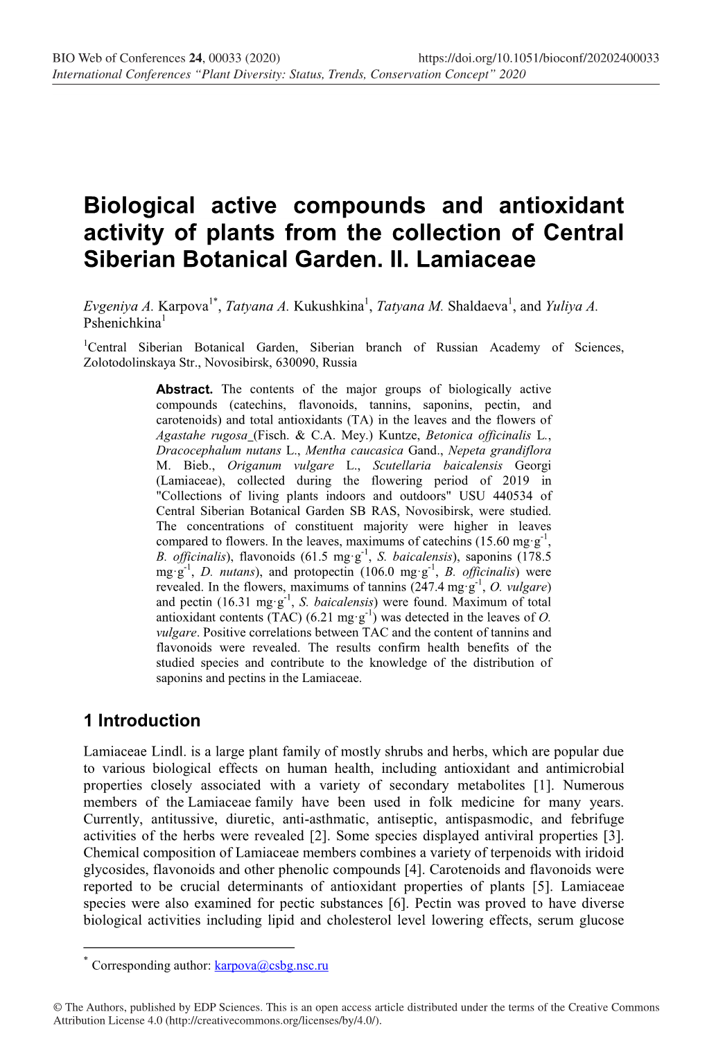 Biological Active Compounds and Antioxidant Activity of Plants from the Collection of Central Siberian Botanical Garden