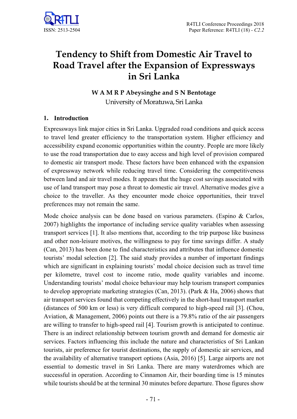 Tendency to Shift from Domestic Air Travel to Road Travel After the Expansion of Expressways in Sri Lanka