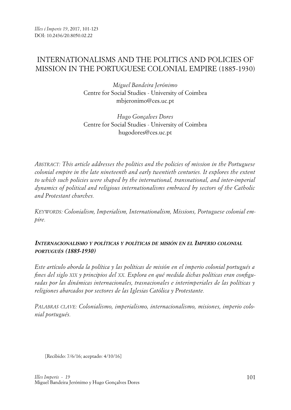 Internationalisms and the Politics and Policies of Mission in the Portuguese Colonial Empire (1885-1930)