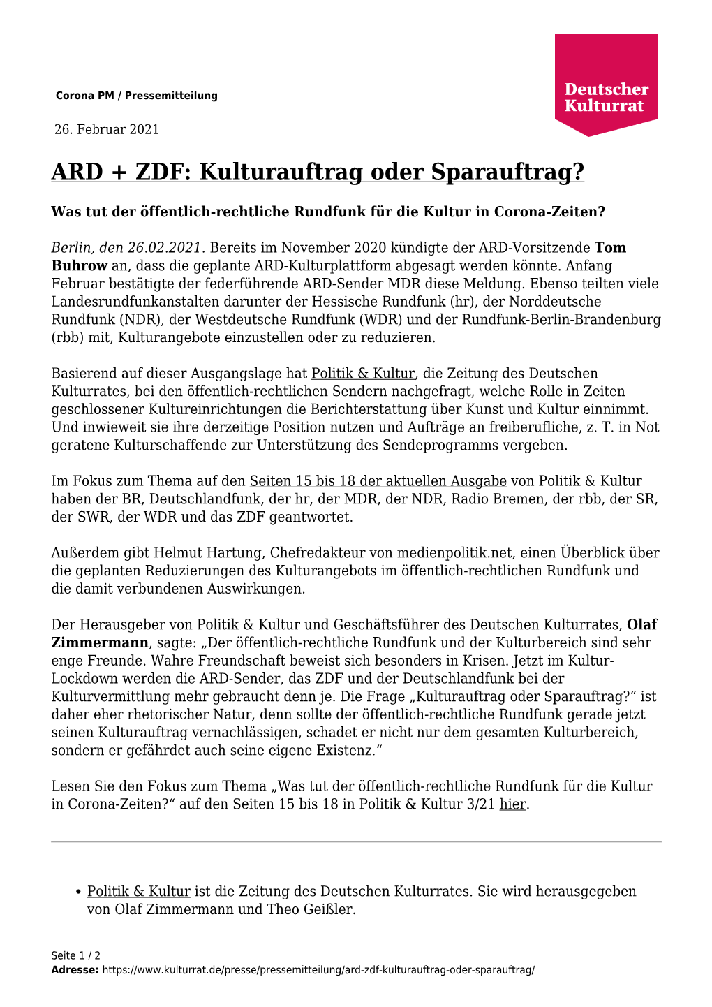ARD + ZDF: Kulturauftrag Oder Sparauftrag?