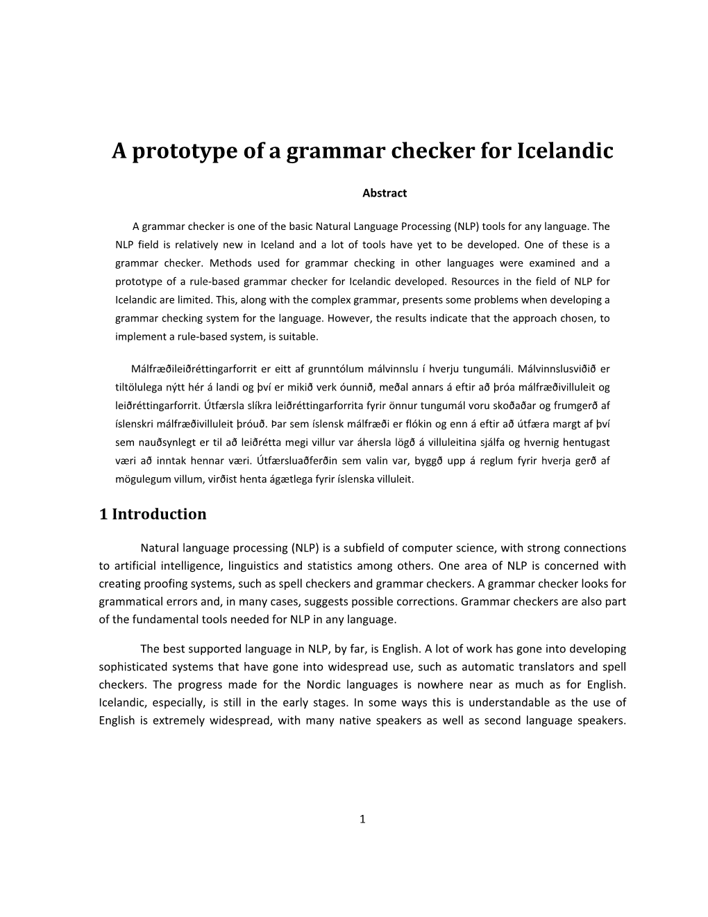 A Prototype of a Grammar Checker for Icelandic