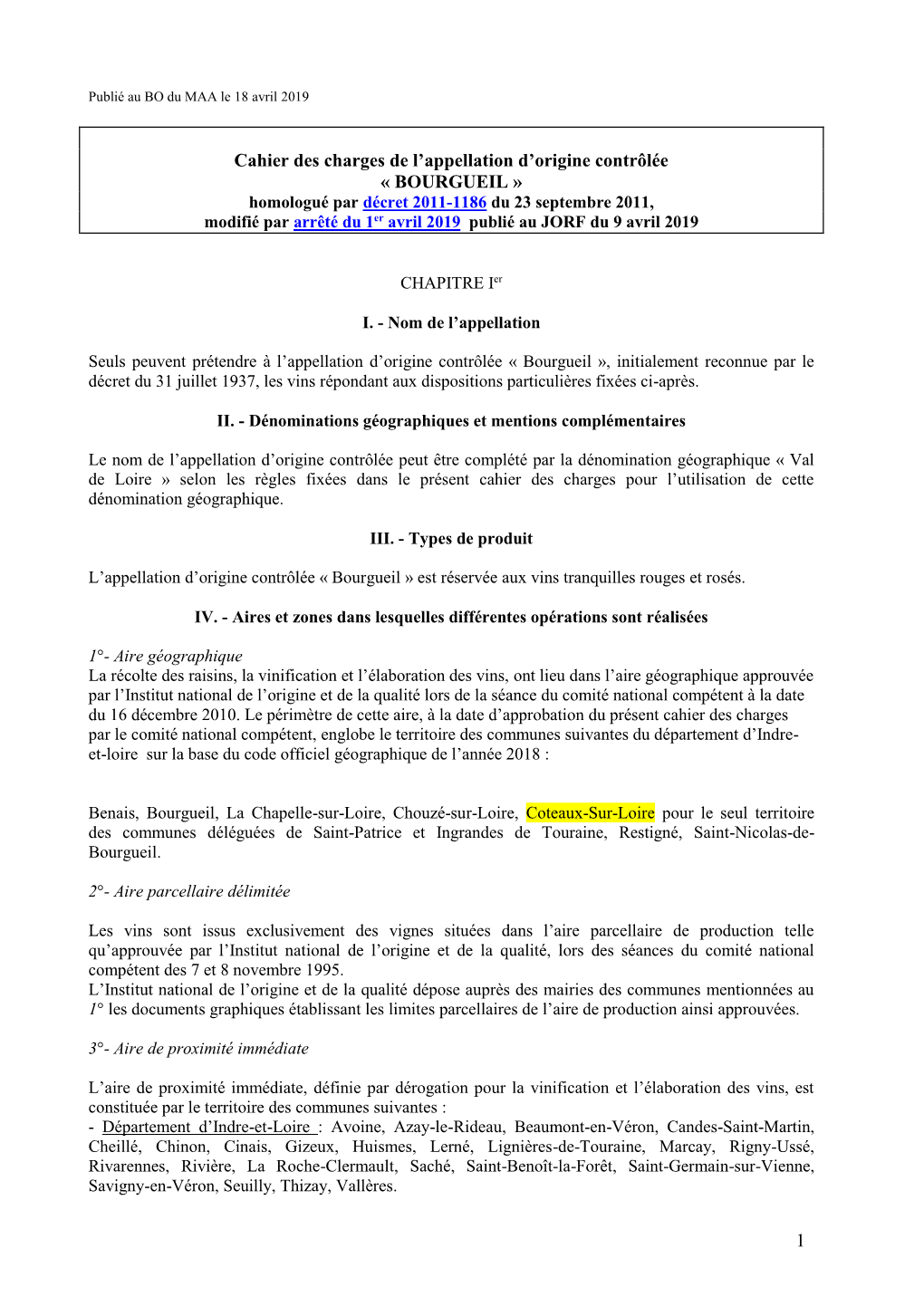 Cahier Des Charges De L'appellation D'origine Contrôlée Bourgueil