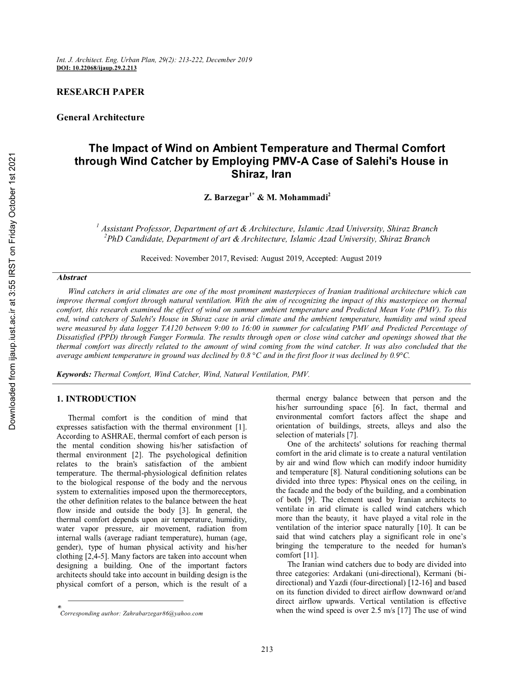 The Impact of Wind on Ambient Temperature and Thermal Comfort Through Wind Catcher by Employing PMV-A Case of Salehi's House in Shiraz, Iran