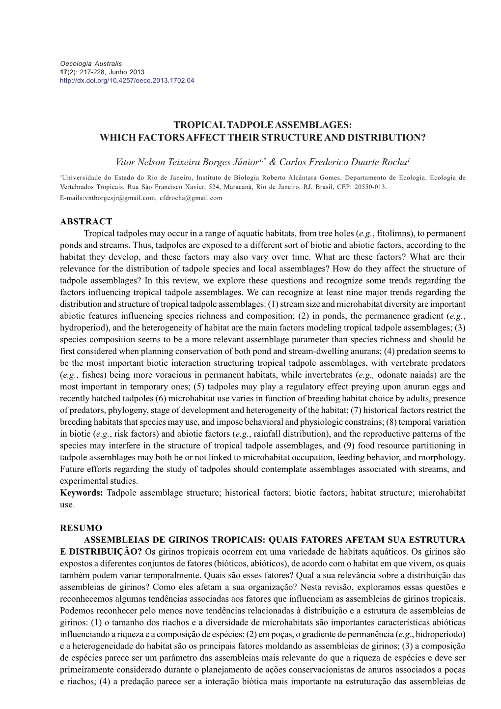 Tropical Tadpole Assemblages: Which Factors Affect Their Structure and Distribution?