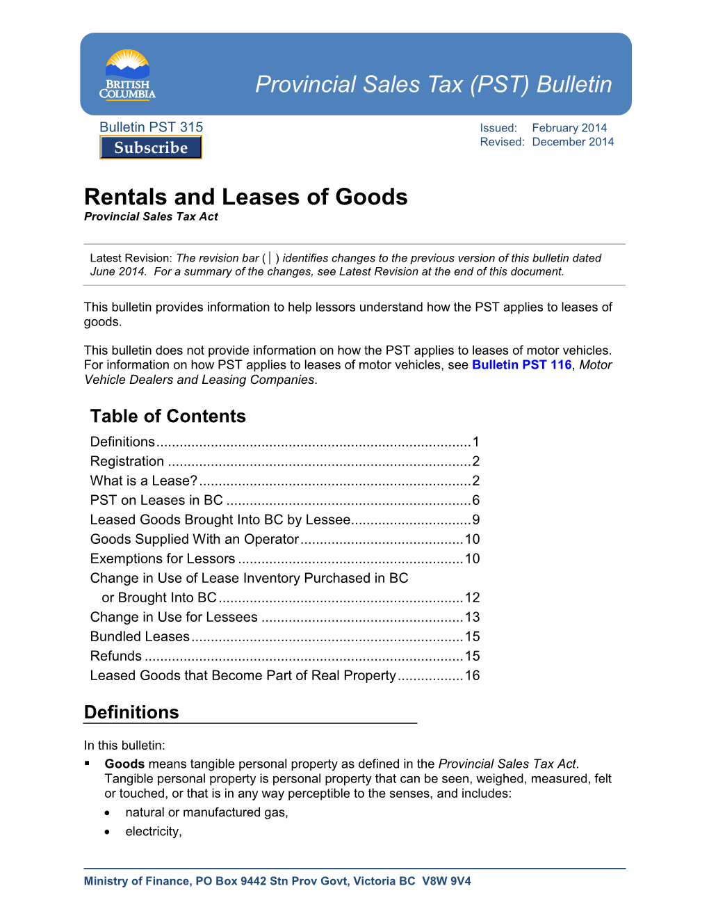 Rentals and Leases of Goods Provincial Sales Tax Act