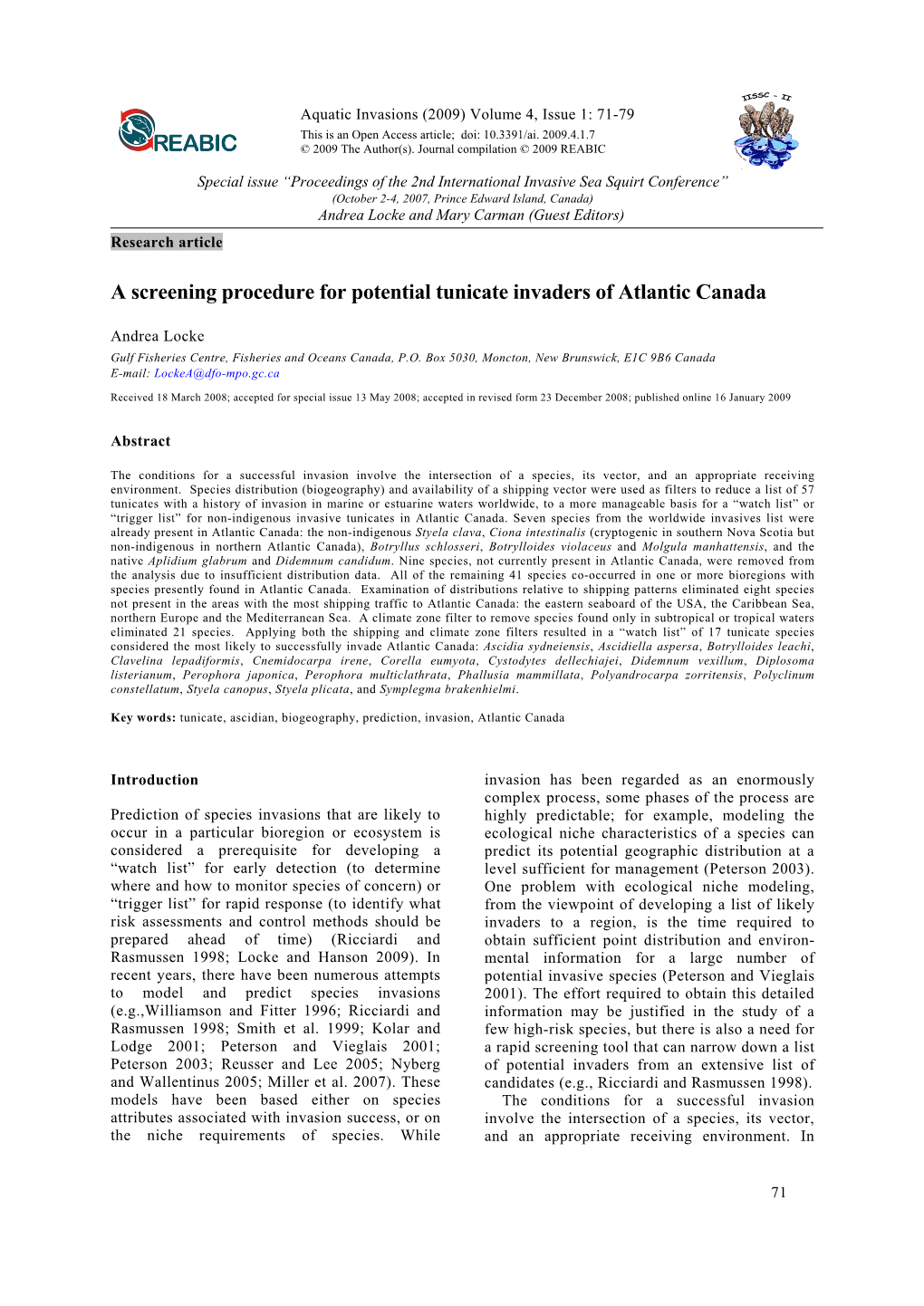 A Screening Procedure for Potential Tunicate Invaders of Atlantic Canada