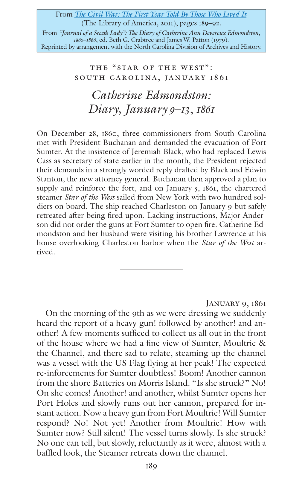 Catherine Edmondston: Diary, January 9– 13 , 1861