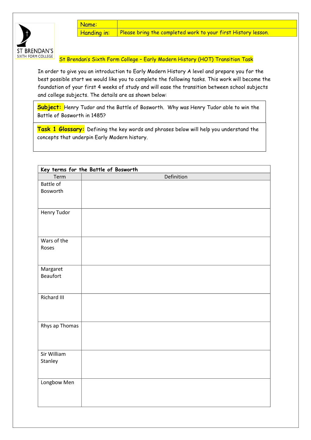 Term Definition Battle of Bosworth Henry Tudor Wars of the Roses