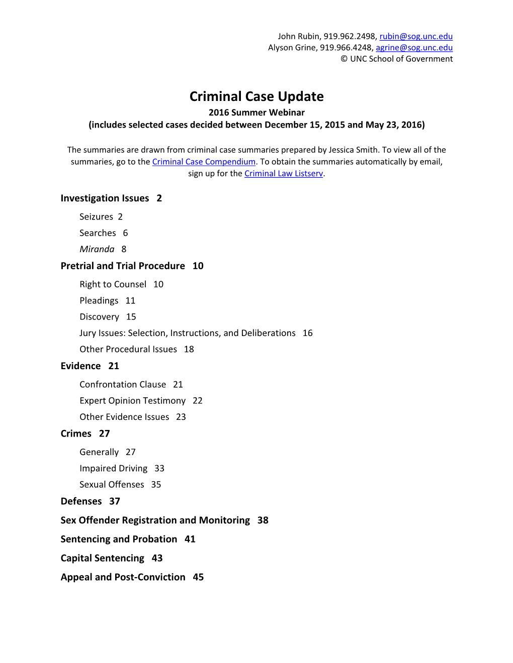 Criminal Case Update 2016 Summer Webinar (Includes Selected Cases Decided Between December 15, 2015 and May 23, 2016)