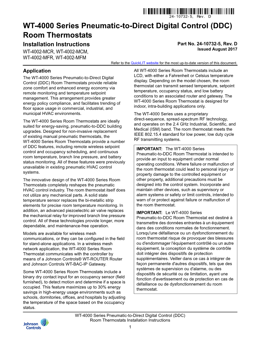 WT-4000 Series Pneumatic-To-Direct Digital Control (DDC) Room Thermostats Installation Instructions Part No