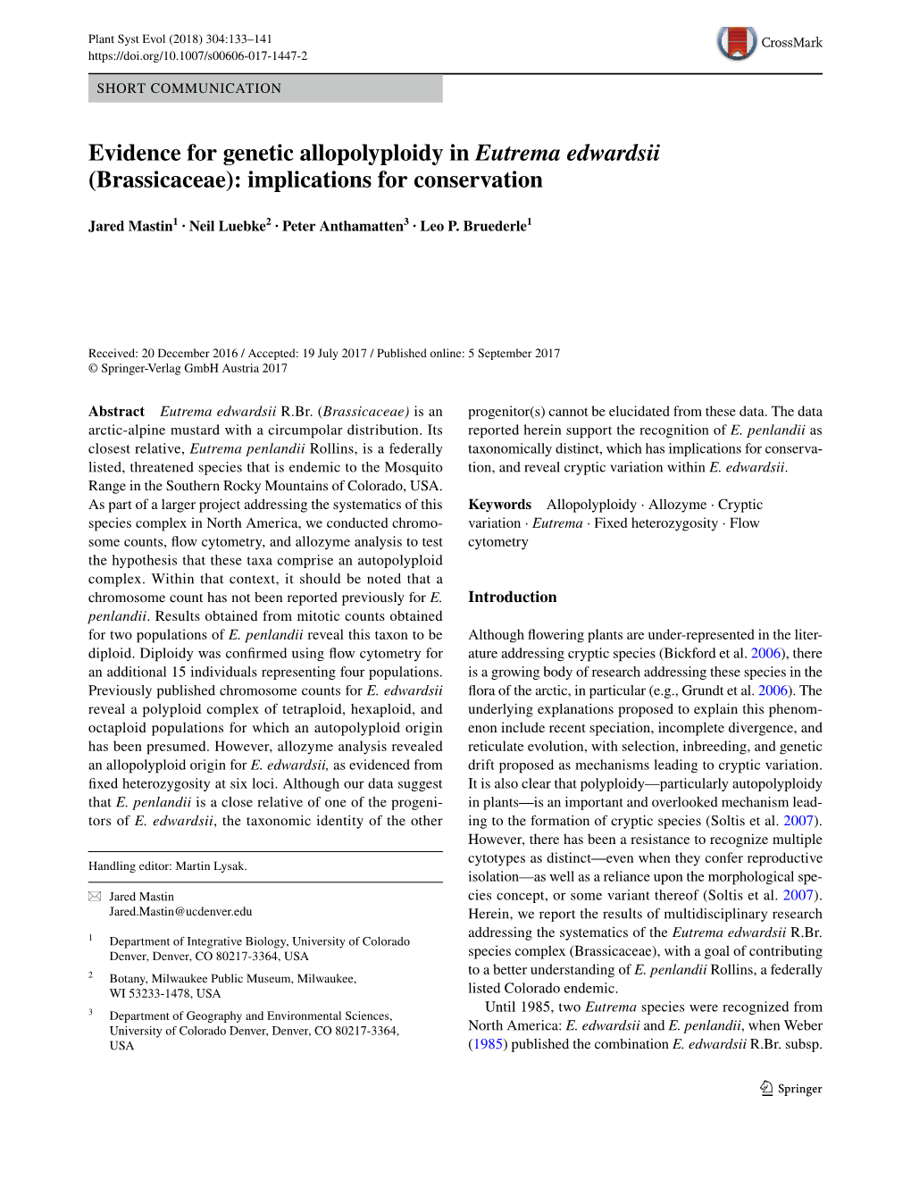 Evidence for Genetic Allopolyploidy in Eutrema Edwardsii (Brassicaceae): Implications for Conservation