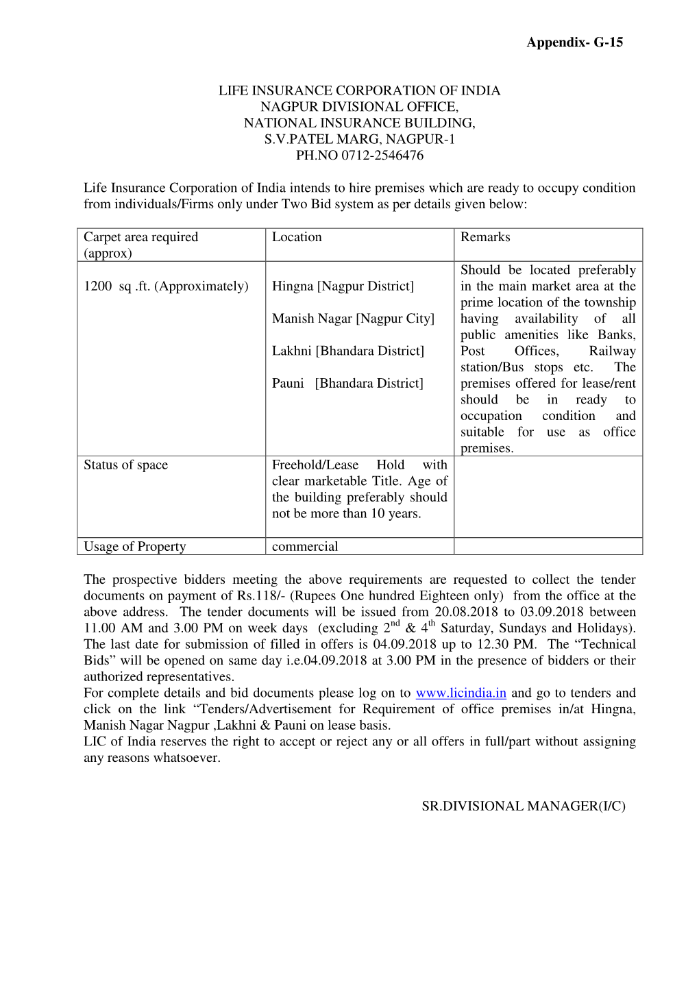 Appendix- G-15 LIFE INSURANCE CORPORATION of INDIA NAGPUR DIVISIONAL OFFICE, NATIONAL INSURANCE BUILDING, S.V.PATEL MARG, NAGPUR