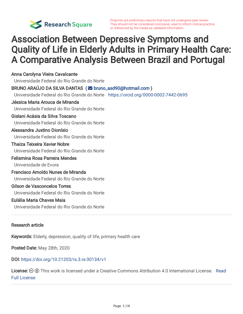 Association Between Depressive Symptoms and Quality of Life in Elderly Adults in Primary Health Care: a Comparative Analysis Between Brazil and Portugal