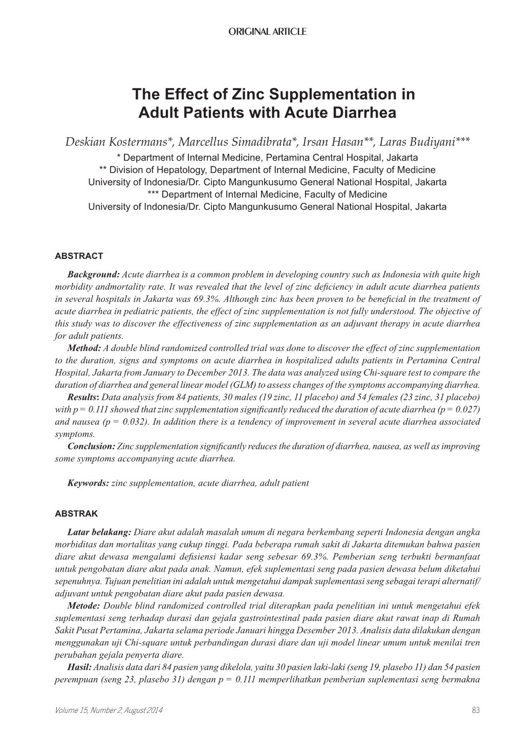 The Effect of Zinc Supplementation in Adult Patients with Acute Diarrhea