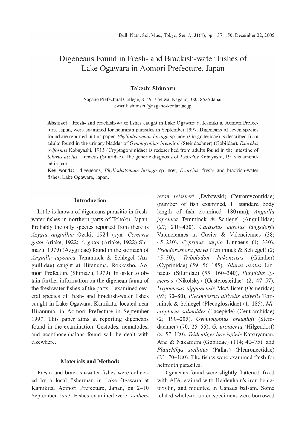 Digeneans Found in Fresh- and Brackish-Water Fishes of Lake Ogawara in Aomori Prefecture, Japan