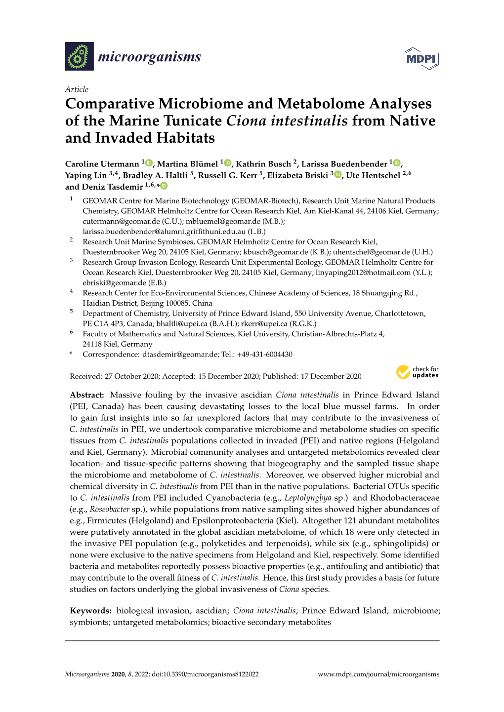 Comparative Microbiome and Metabolome Analyses of the Marine Tunicate Ciona Intestinalis from Native and Invaded Habitats