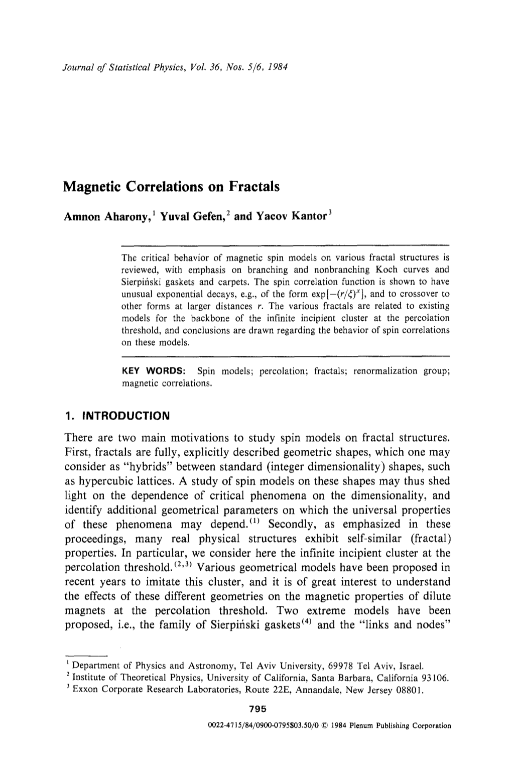 Magnetic Correlations on Fractals