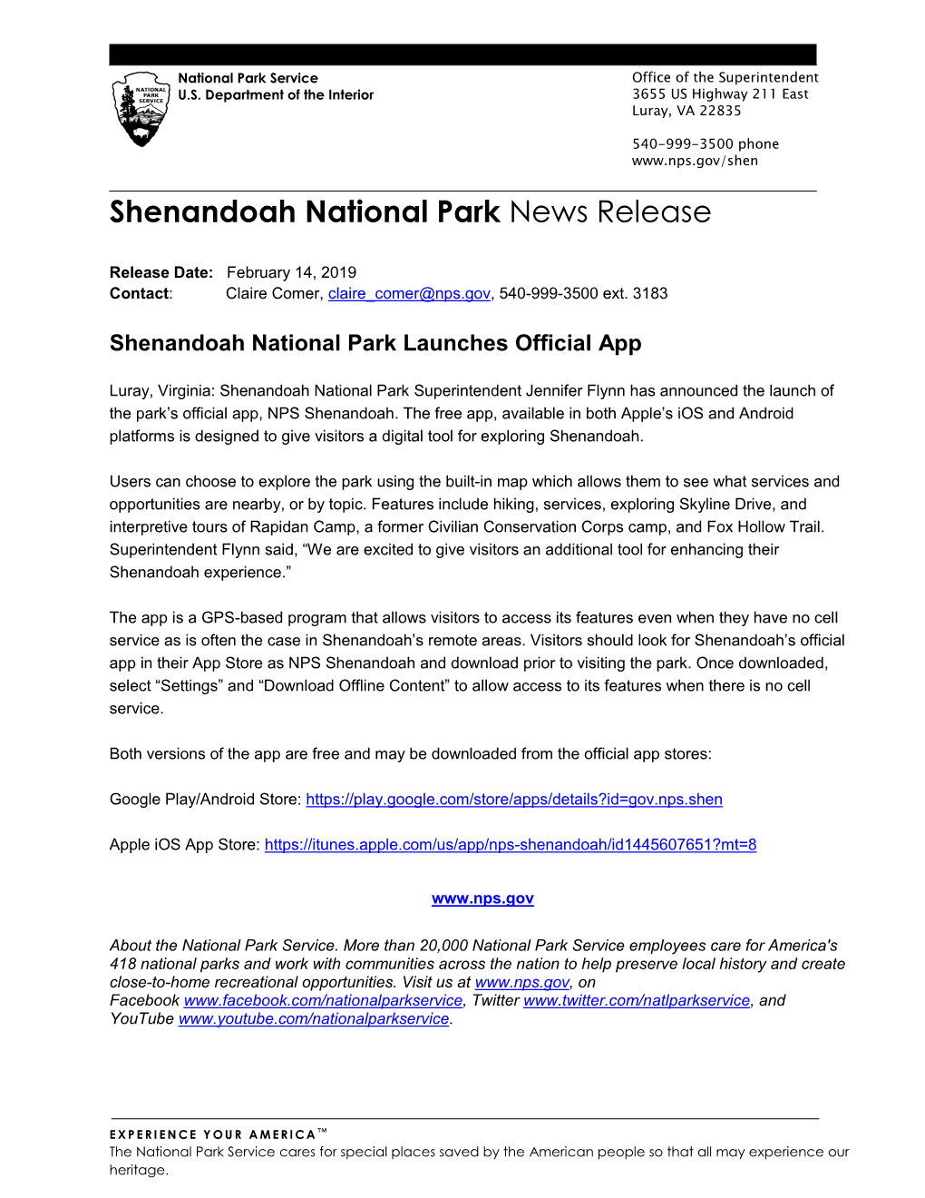 Shenandoah National Park Launches Official App