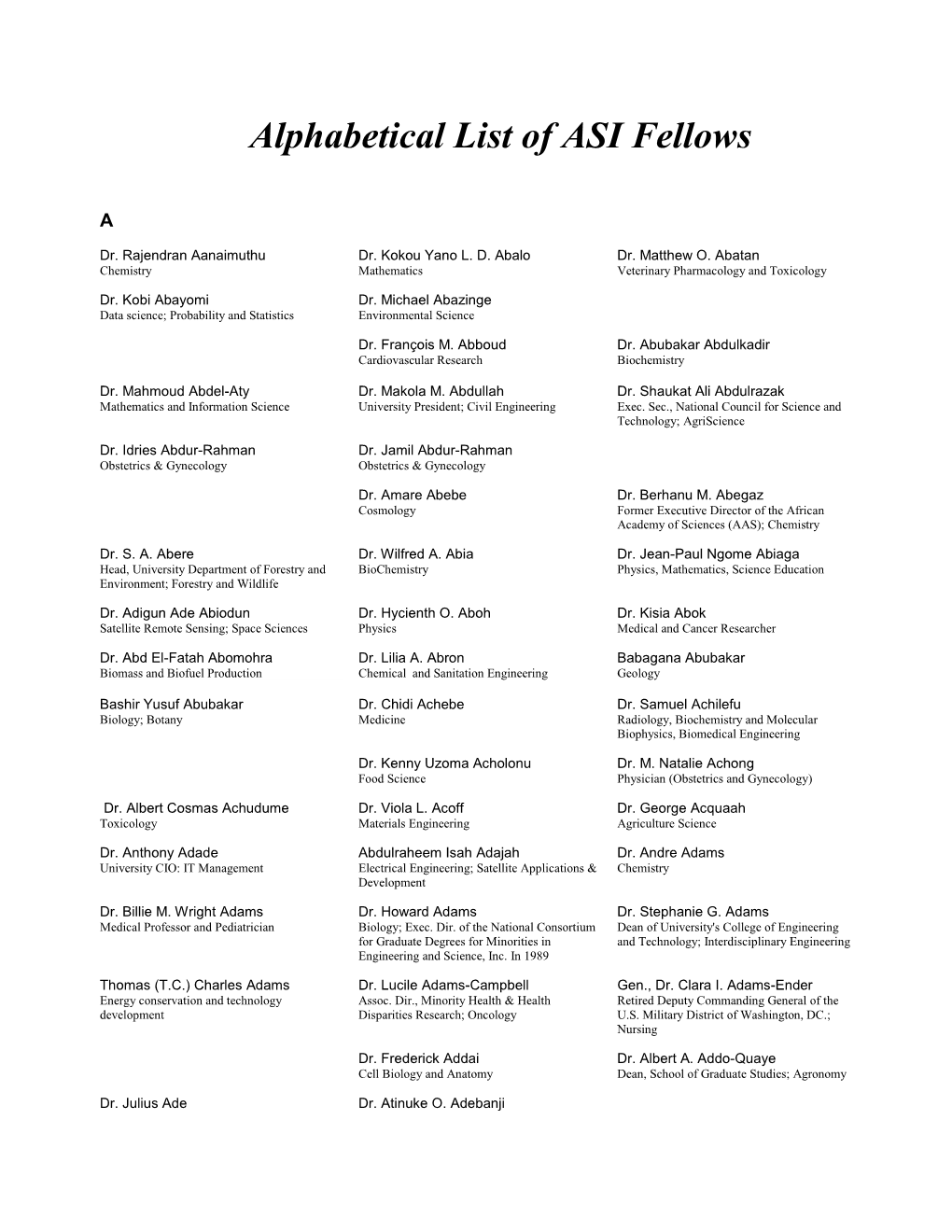 Alphabetical List of ASI Fellows