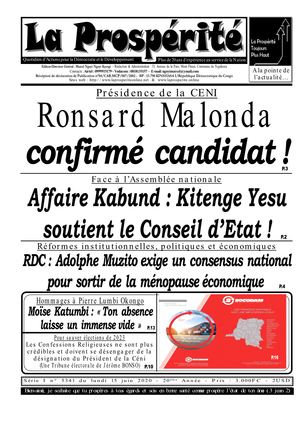 Edition Du Lundi 15 Juin 2020
