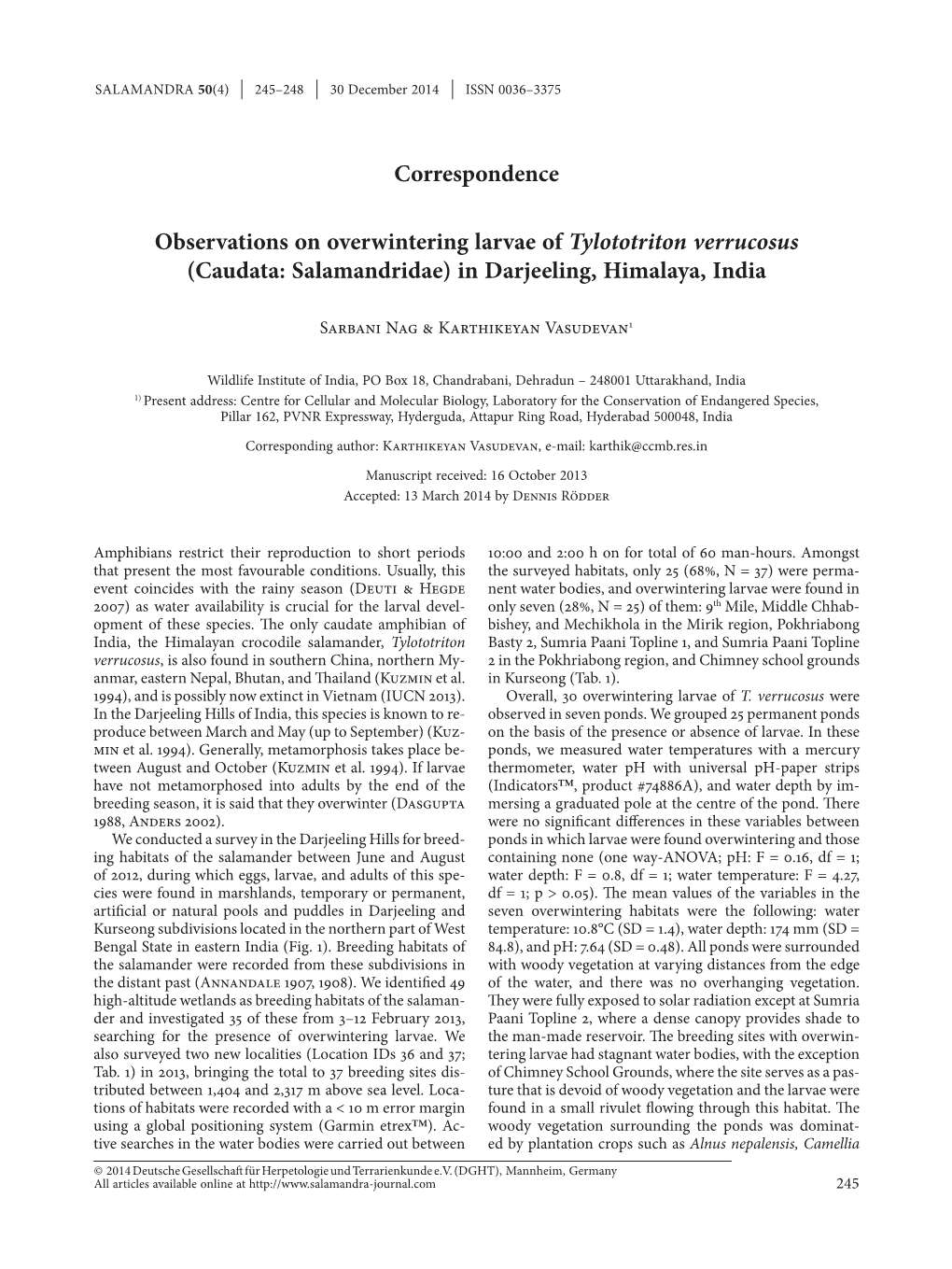 Observations on Overwintering Larvae of Tylototriton Verrucosus (Caudata: Salamandridae) in Darjeeling, Himalaya, India