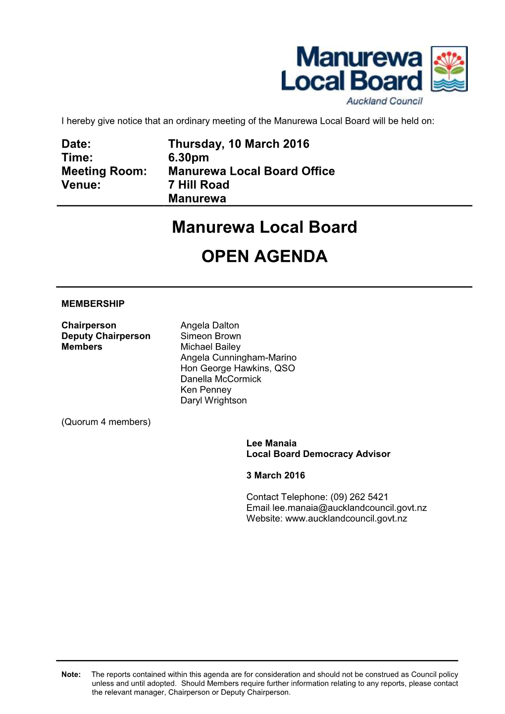 Manurewa Local Board OPEN AGENDA