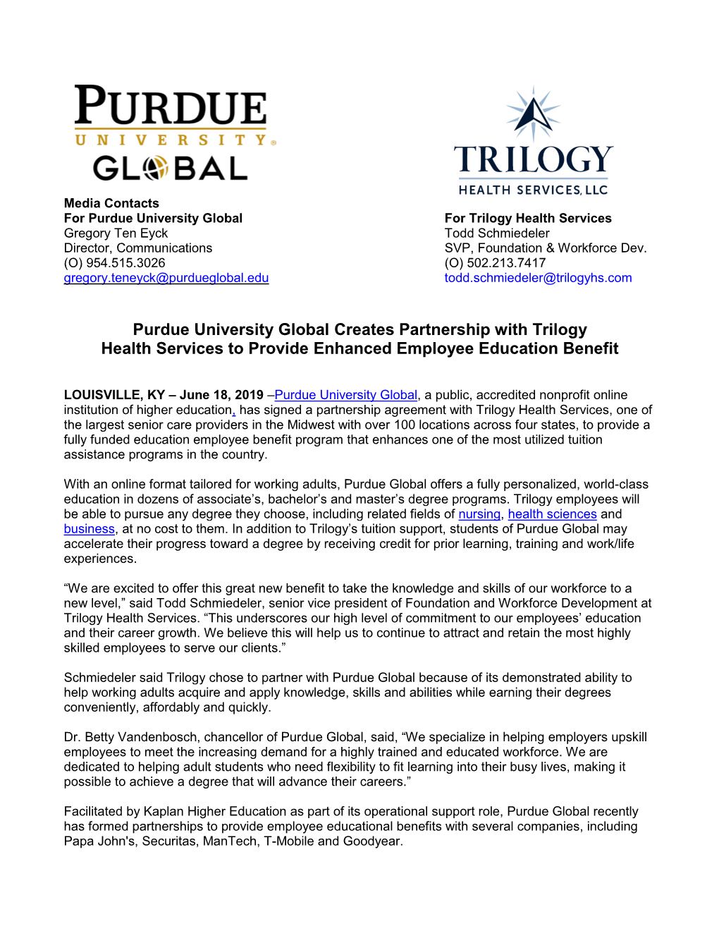 Purdue University Global Creates Partnership with Trilogy Health Services to Provide Enhanced Employee Education Benefit