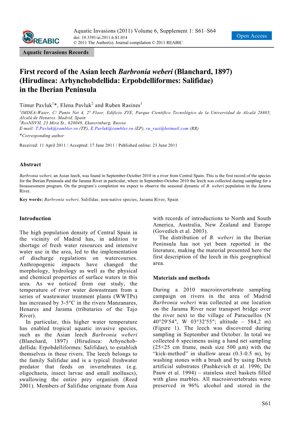 First Record of the Asian Leech Barbronia Weberi (Blanchard, 1897) (Hirudinea: Arhynchobdellida: Erpobdelliformes: Salifidae) in the Iberian Peninsula