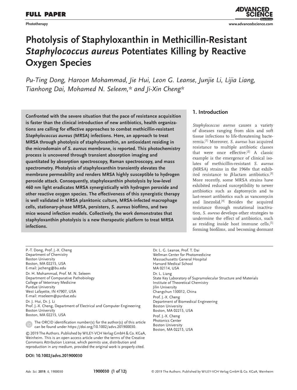 Resistant Staphylococcus Aureus Potentiates Killing by Reactive Oxygen Species