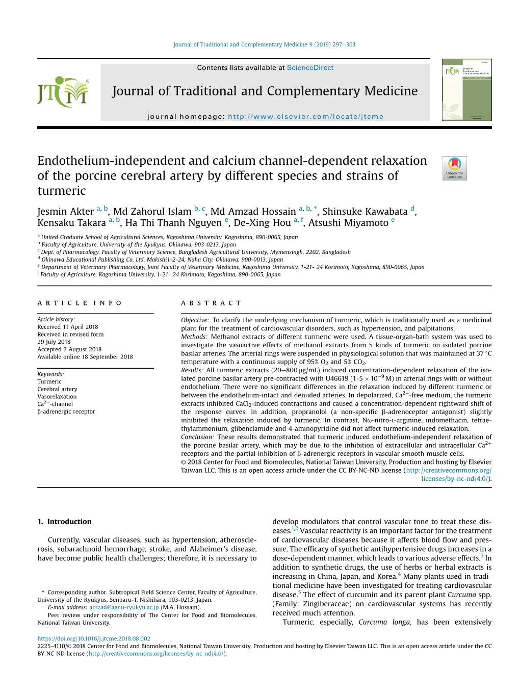 Endothelium-Independent and Calcium Channel-Dependent Relaxation of the Porcine Cerebral Artery by Different Species and Strains of Turmeric