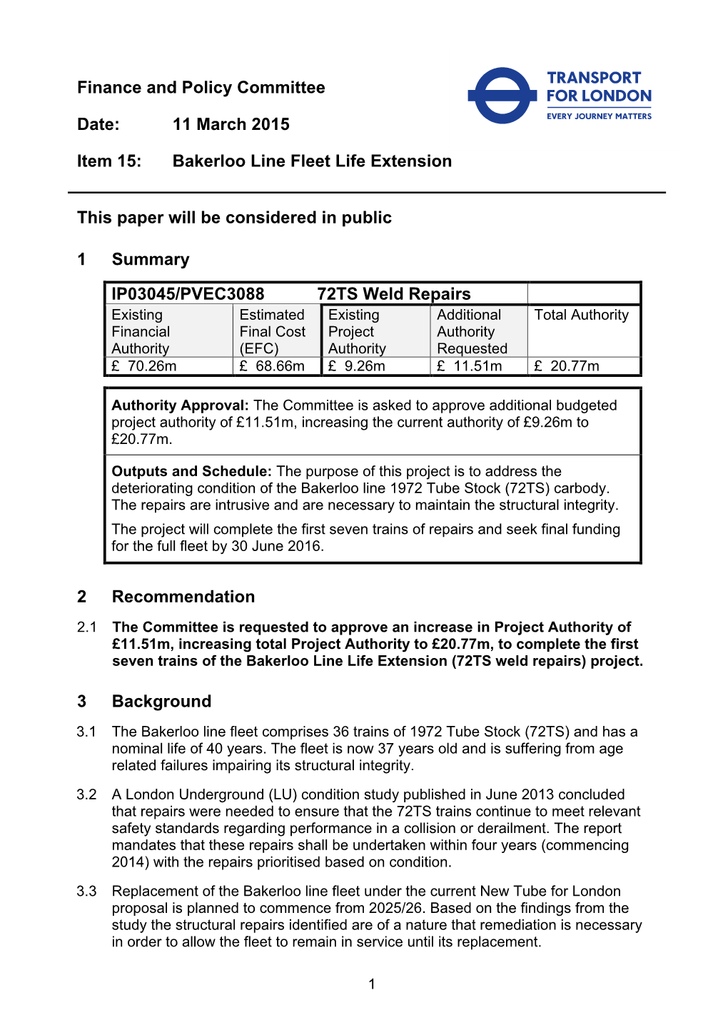 Bakerloo Line Fleet Life Extension This Paper Will Be Considered in P