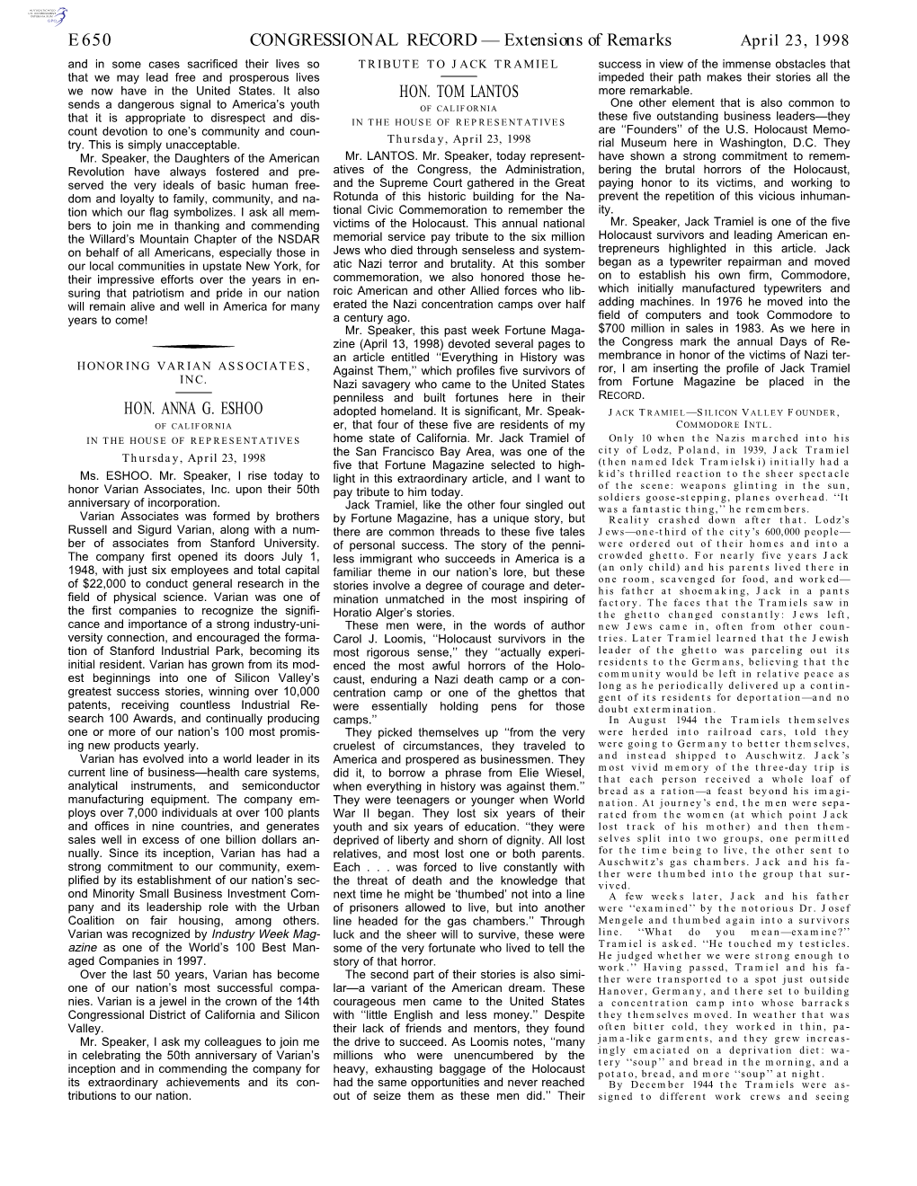 CONGRESSIONAL RECORD— Extensions of Remarks E650 HON