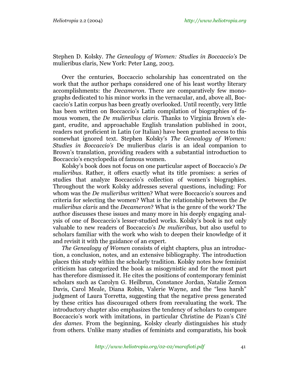Stephen D. Kolsky. the Genealogy of Women: Studies in Boccaccio's De