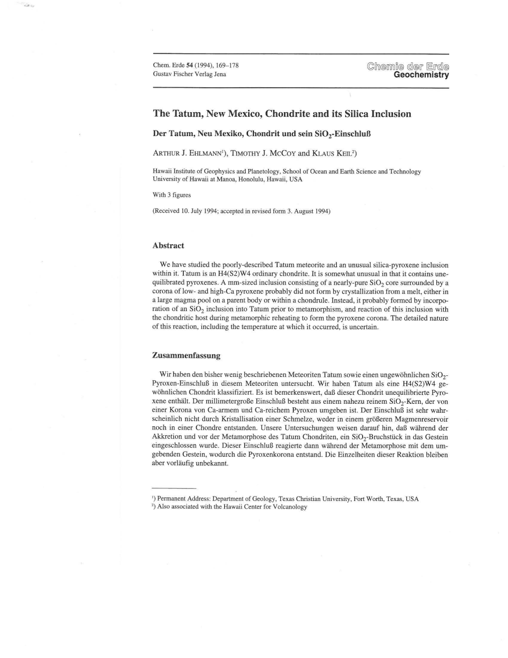 The Tatum, New Mexico, Chondrite and Its Silica Inclusion