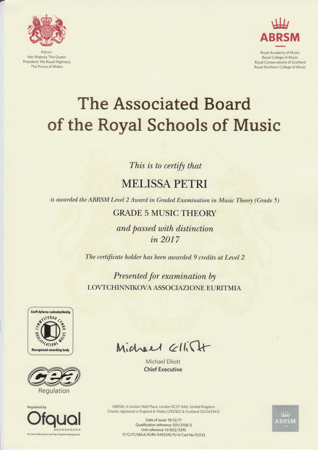 Certificate of Music Theory Exam